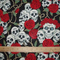Alexander Henry The Rose Tattoo Skulls and roses Red Roses on Black Bright