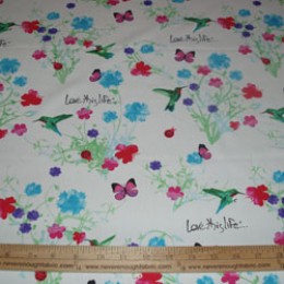Cotton Blend Love this Life humming birds and flowers on white (16)