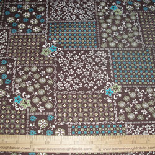 Cotton Blend (or all cotton) square patterns in cream, green, turquoise on brown 