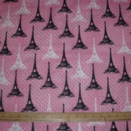 Cotton fabric Paris France Eiffel Tower white and black on pink
