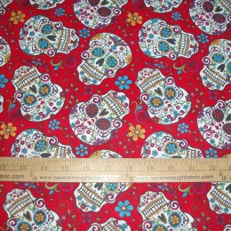 Cotton Fabric Calaveras  SUGAR SKULLS on RED