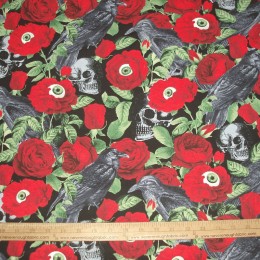Timeless Treasures Knit Jersey  Crows Roses with eyes and Skulls